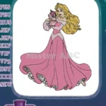 Beautiful Princess Aurora in pink gown holding cute owl embroidery designs - Instant Download