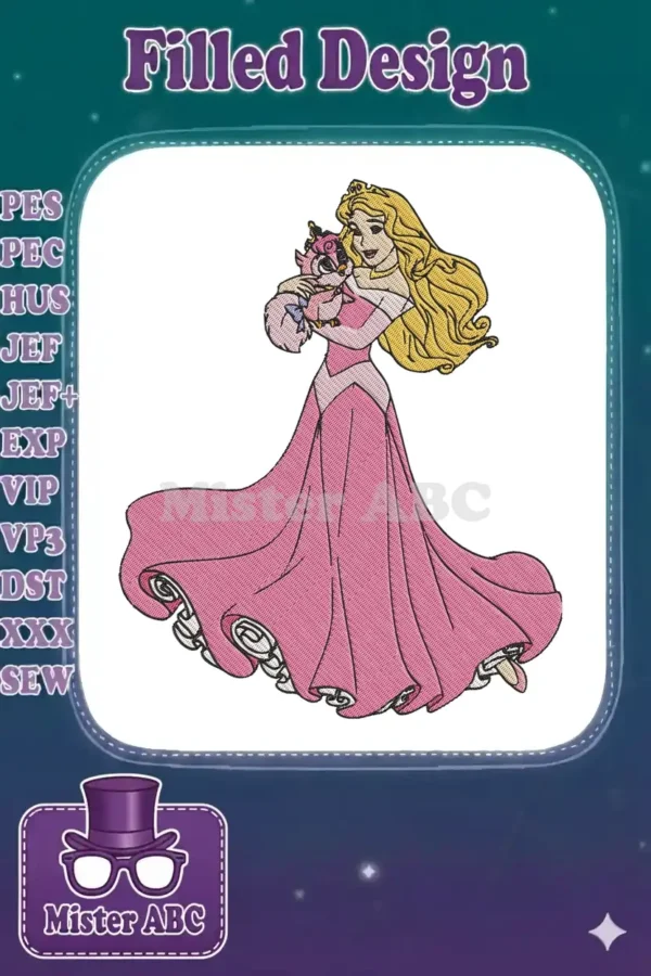 Princess Aurora embroidery design, in a pink gown, holding a small owl. Detailed, vibrant Disney character.