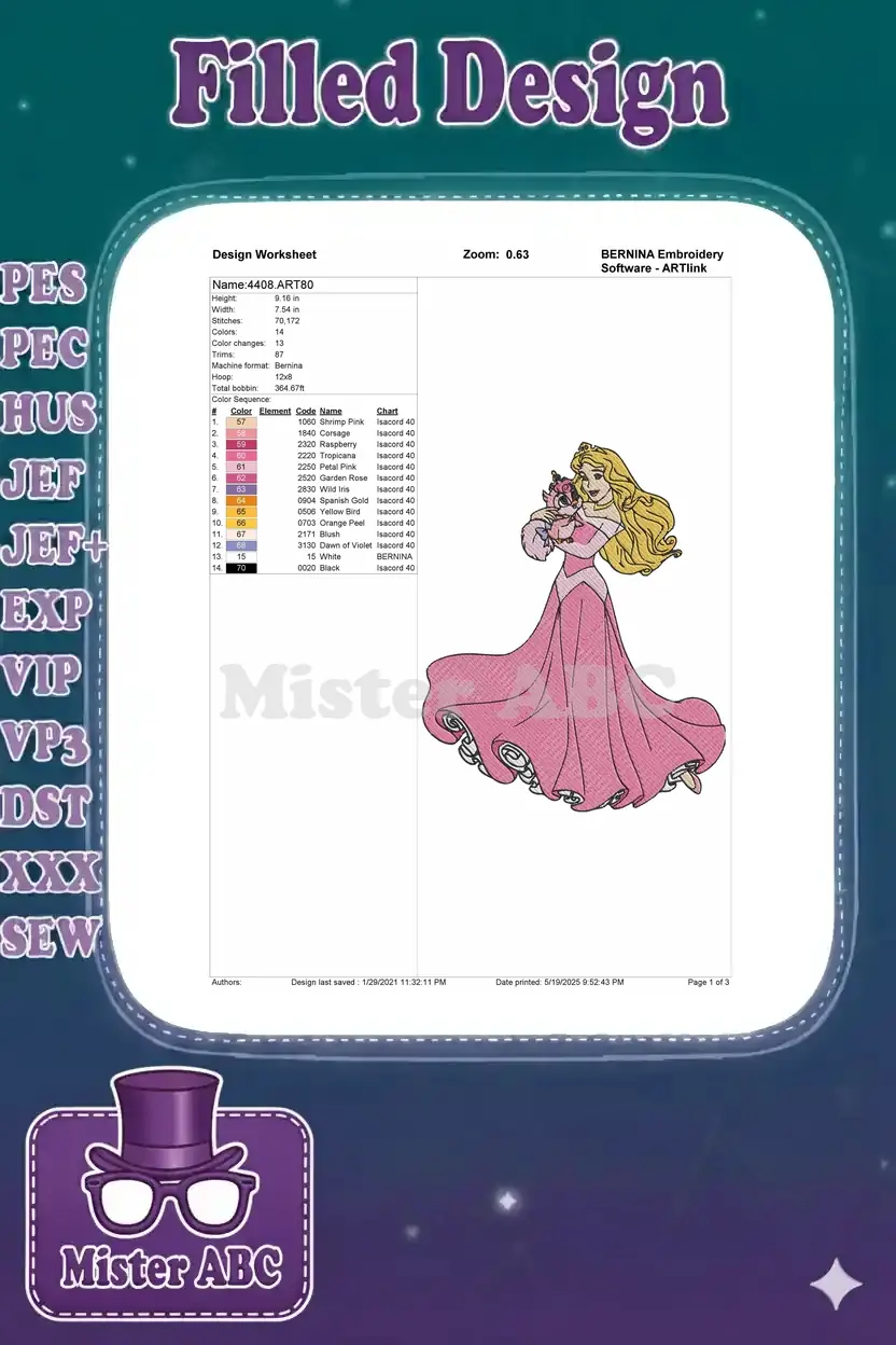 Embroidery design worksheet for Princess Aurora, showing dimensions, stitch count, colors, and machine info.