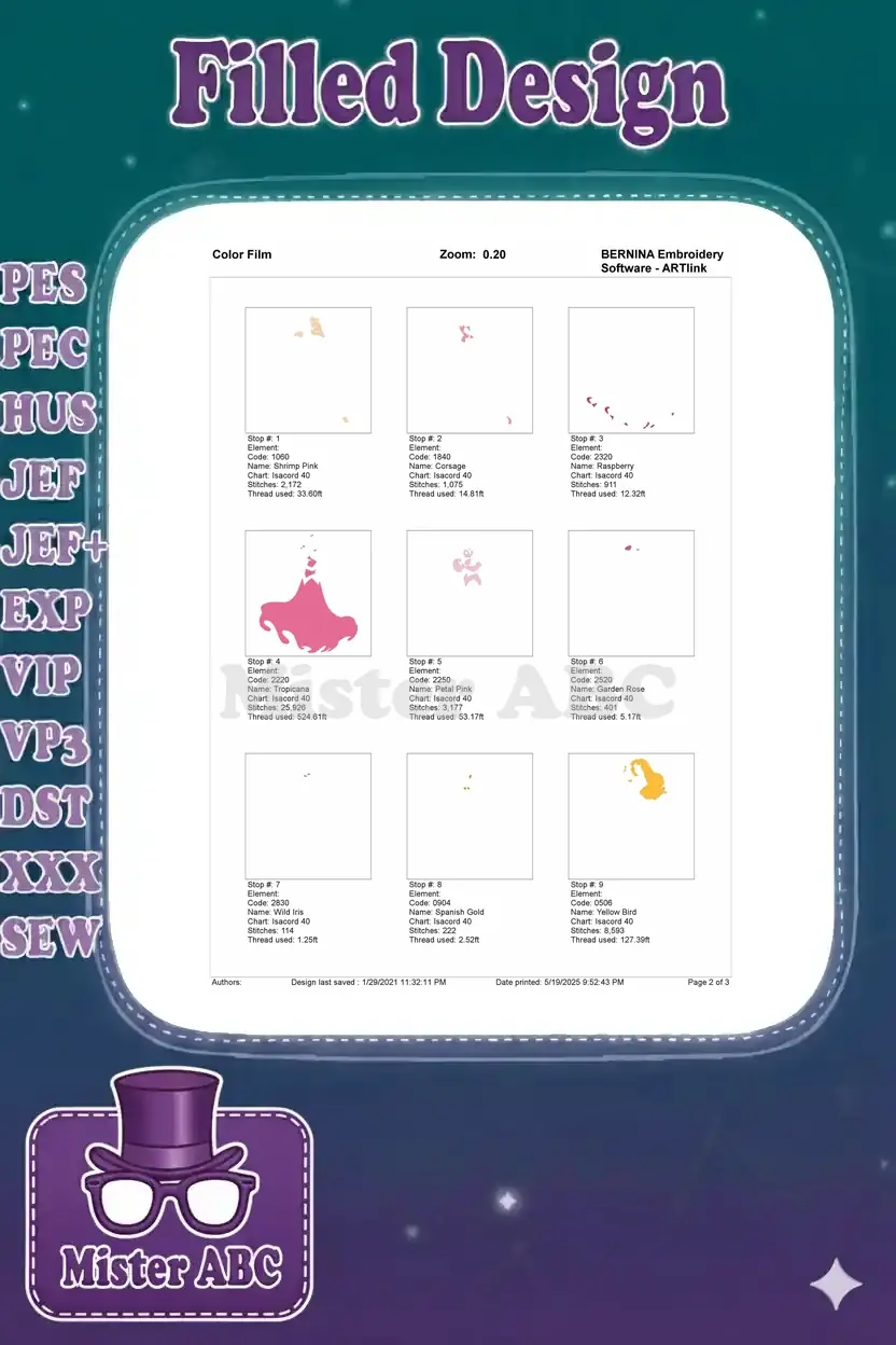 Color Film page 2 of 3 showing the first 9 color elements and stitch progression for the embroidery design.