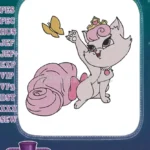 Cute princess cat playing with golden butterfly embroidery designs - Instant Download