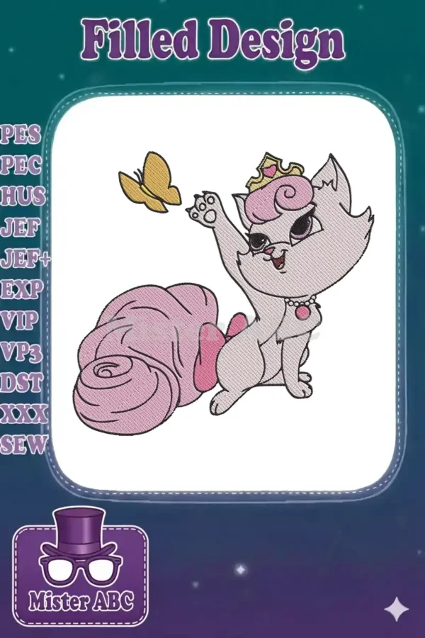 Enchanting princess cat embroidery design playfully reaching for a golden butterfly against a clean white background.