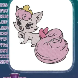 Adorable light pink cat embroidery design with a large curled pink tail and a yellow cheese slice crown.