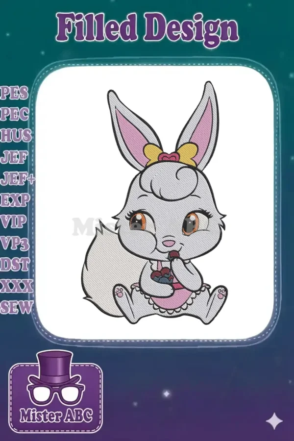 Adorable grey bunny embroidery design, featuring big expressive eyes, pink ears, and a yellow bow, sweetly enjoying a treat.