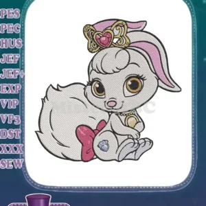 Close-up of a charming white Palace Pet bunny embroidery, adorned with a golden crown and pink bow.