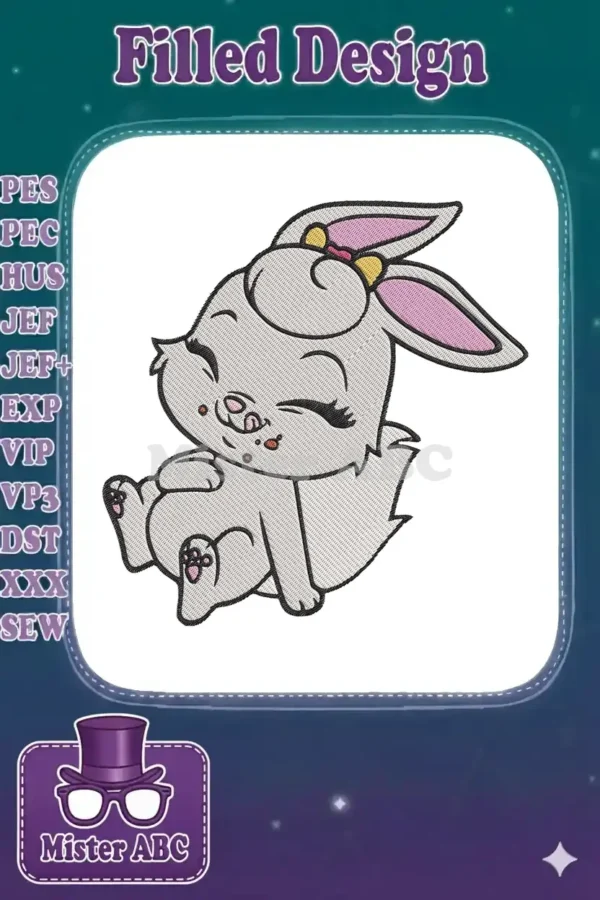 Close-up of a charming winking grey bunny embroidery design with pink ears and a yellow bow, sitting.