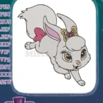 Jumping white bunny with golden crown and pink bow embroidery designs - Instant Download