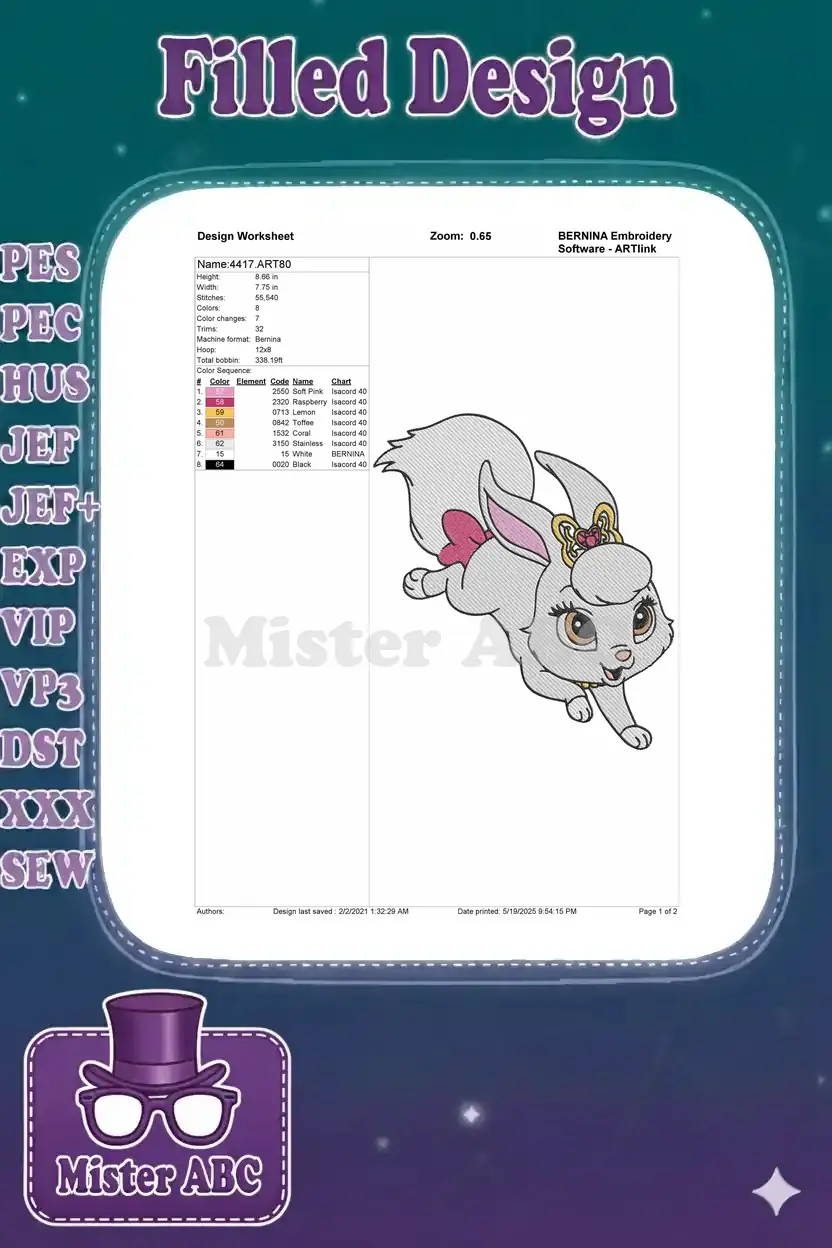 Embroidery design worksheet for the princess bunny, detailing dimensions, stitch count, color changes, and thread chart.