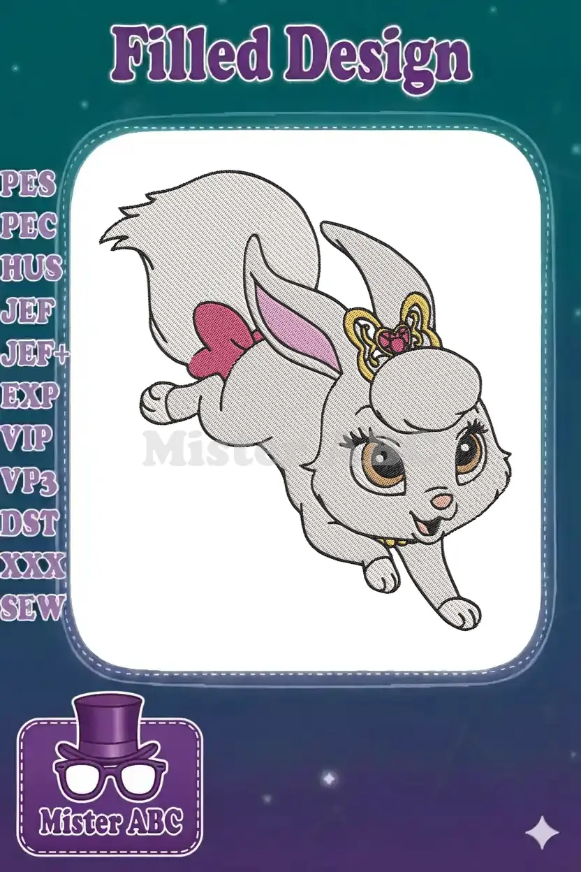 Close-up of a charming white embroidered bunny with a pink bow and golden tiara, mid-jump, on a white background.