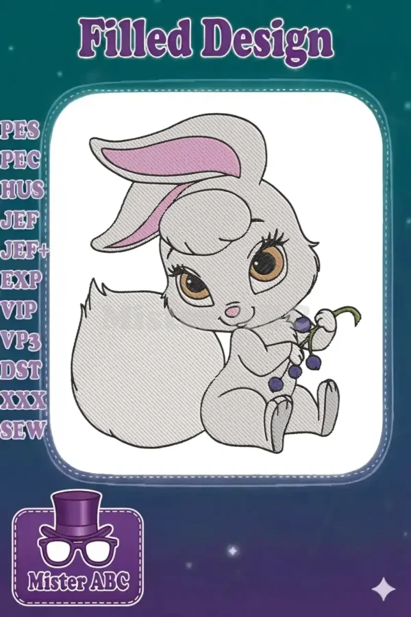 Close-up of a charming cartoon bunny embroidery design with big eyes, pink ears, and holding purple berries.