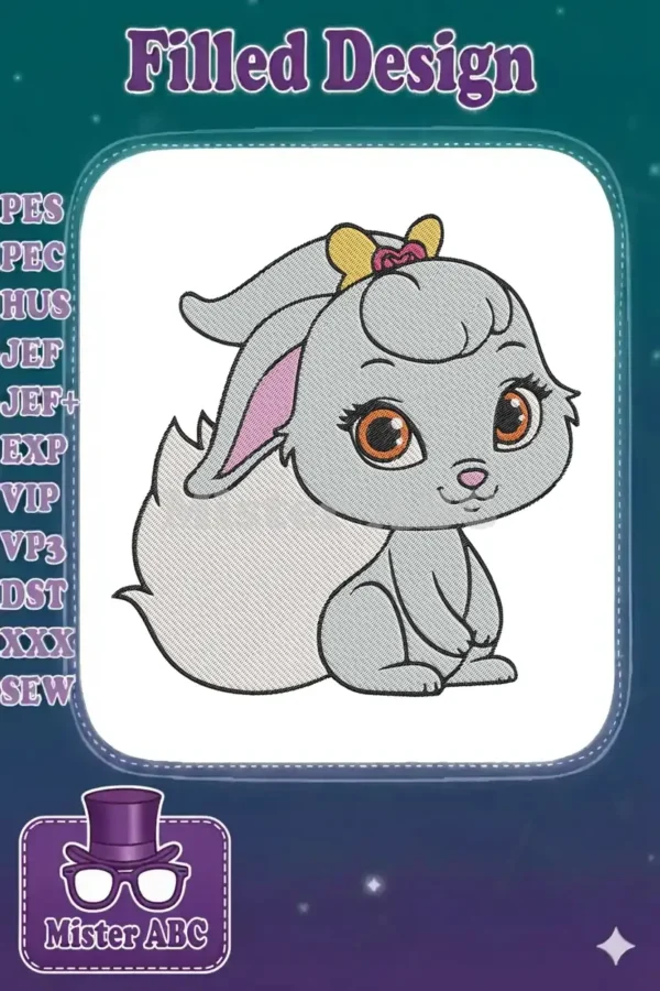 Close-up of a charming gray bunny embroidery design with big brown eyes and a cute yellow bow.