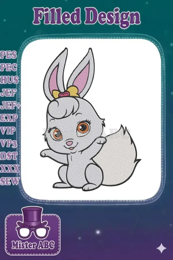 A charming, detailed embroidery design of a cute cartoon gray bunny with big eyes and a small yellow bow on its head.