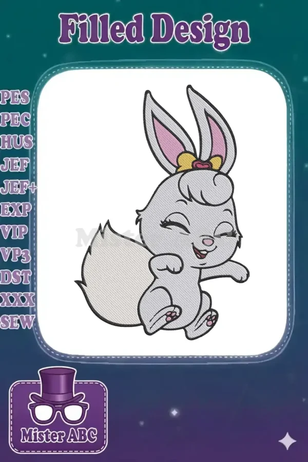 Close-up of a charming, light grey cartoon bunny embroidery design, featuring pink ears and a yellow bow.