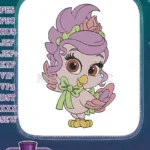 Cute purple-haired bird with pink flower and green bow embroidery designs - Instant Download