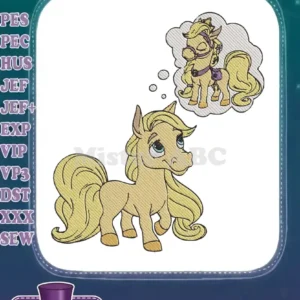 A cute cartoon horse looking up at a thought bubble showing a fancier, saddled version of itself, ready for embroidery.