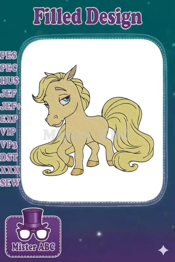 A charming cartoon blonde pony embroidery design with blue eyes and a sassy expression, perfect for children's items.