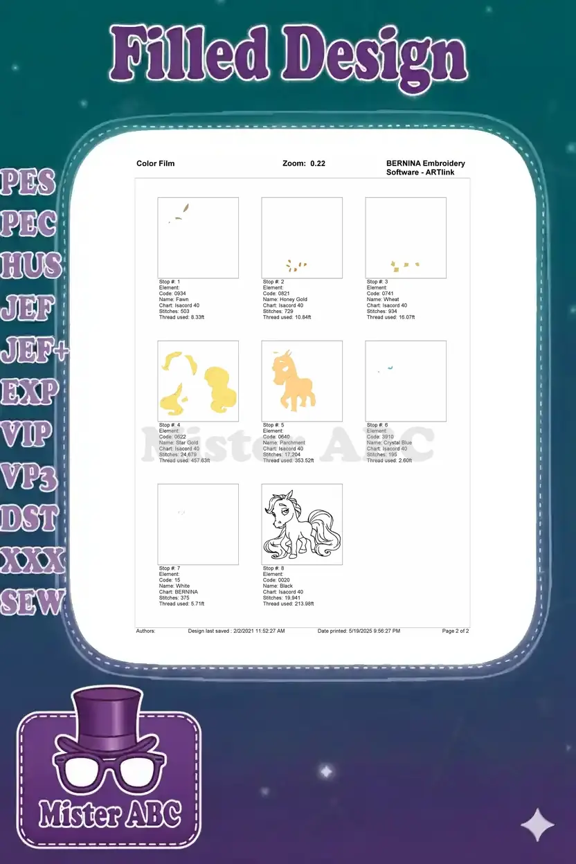Color film showing the step-by-step stitching sequence for the blonde pony embroidery design, color by color.