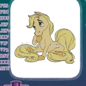 A delightful embroidery design featuring a light brown, cartoon-style pony with a long blonde mane and tail, sitting gracefully.