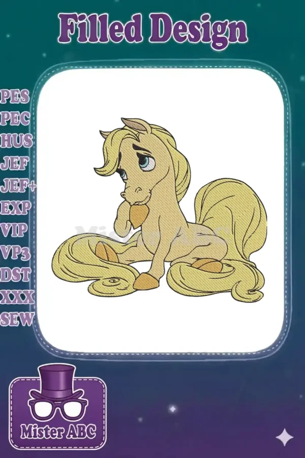 A delightful embroidery design featuring a light brown, cartoon-style pony with a long blonde mane and tail, sitting gracefully.