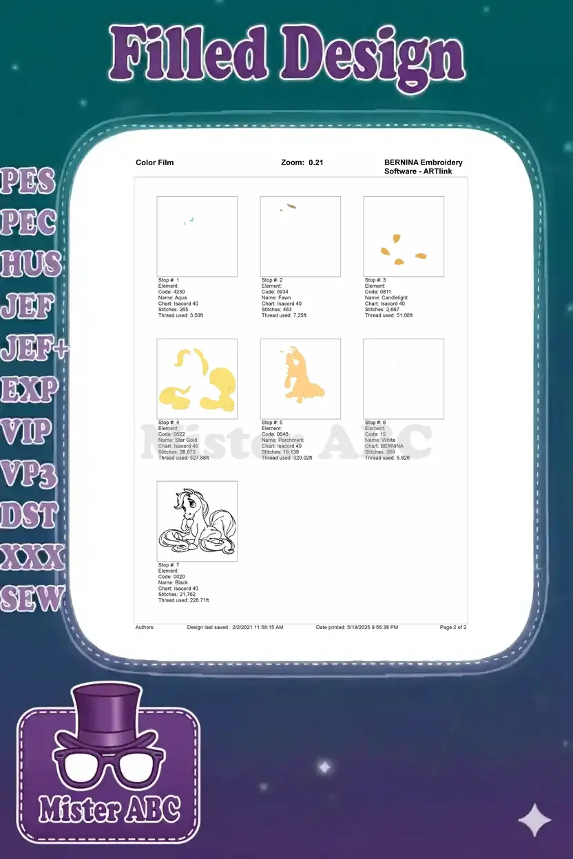 A color film breakdown showing the stitch order and individual color elements for the pony embroidery design.