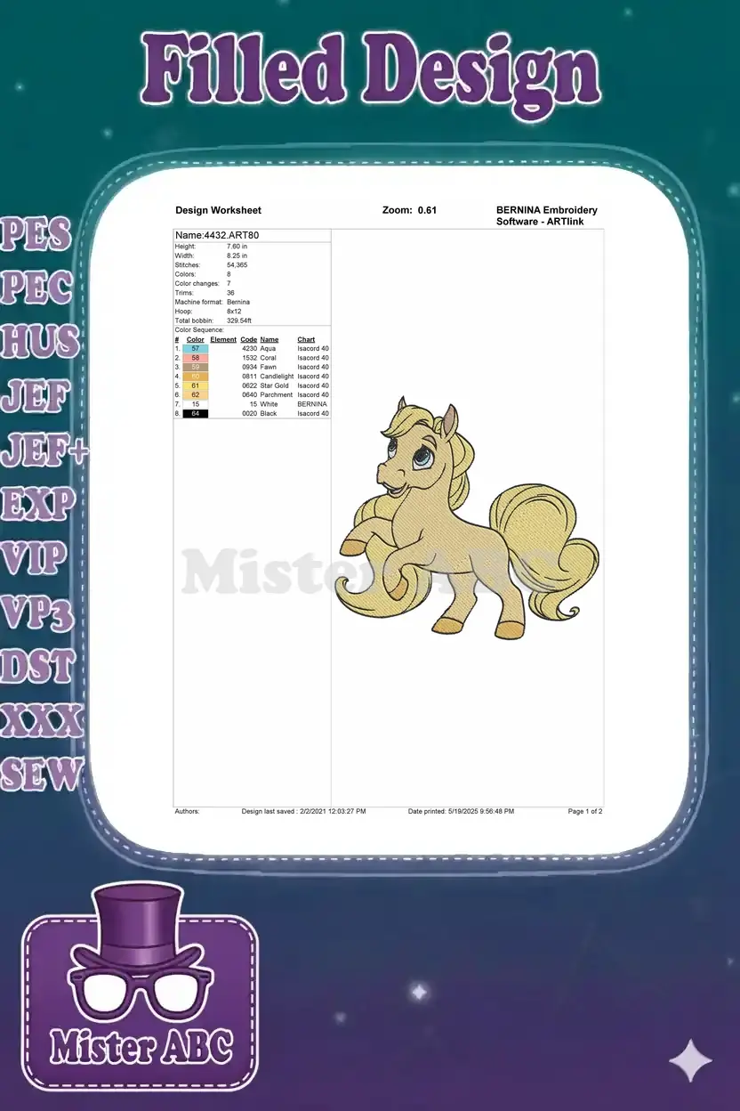 Embroidery design worksheet for the horse, detailing dimensions, stitch count, color sequence, and format.