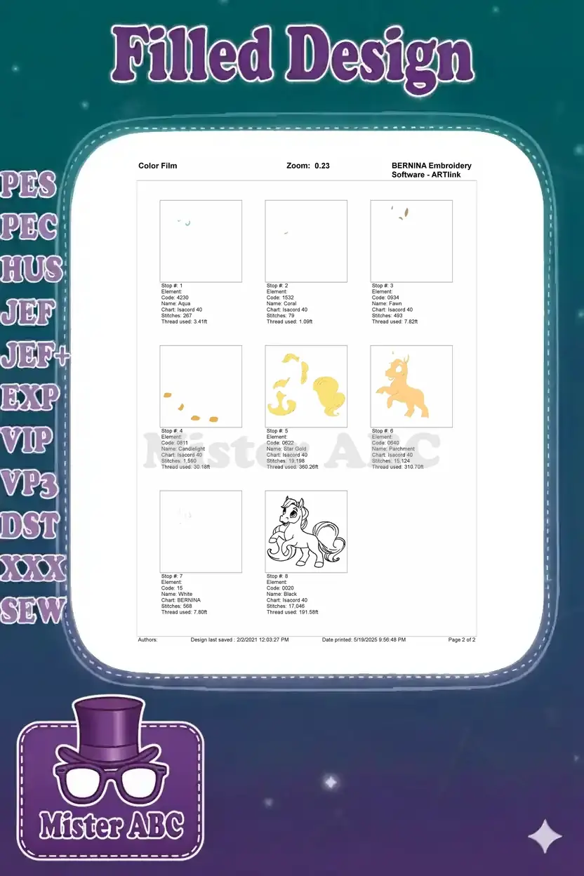 Color film breakdown of the horse embroidery design, showing each stitch stop and color application.