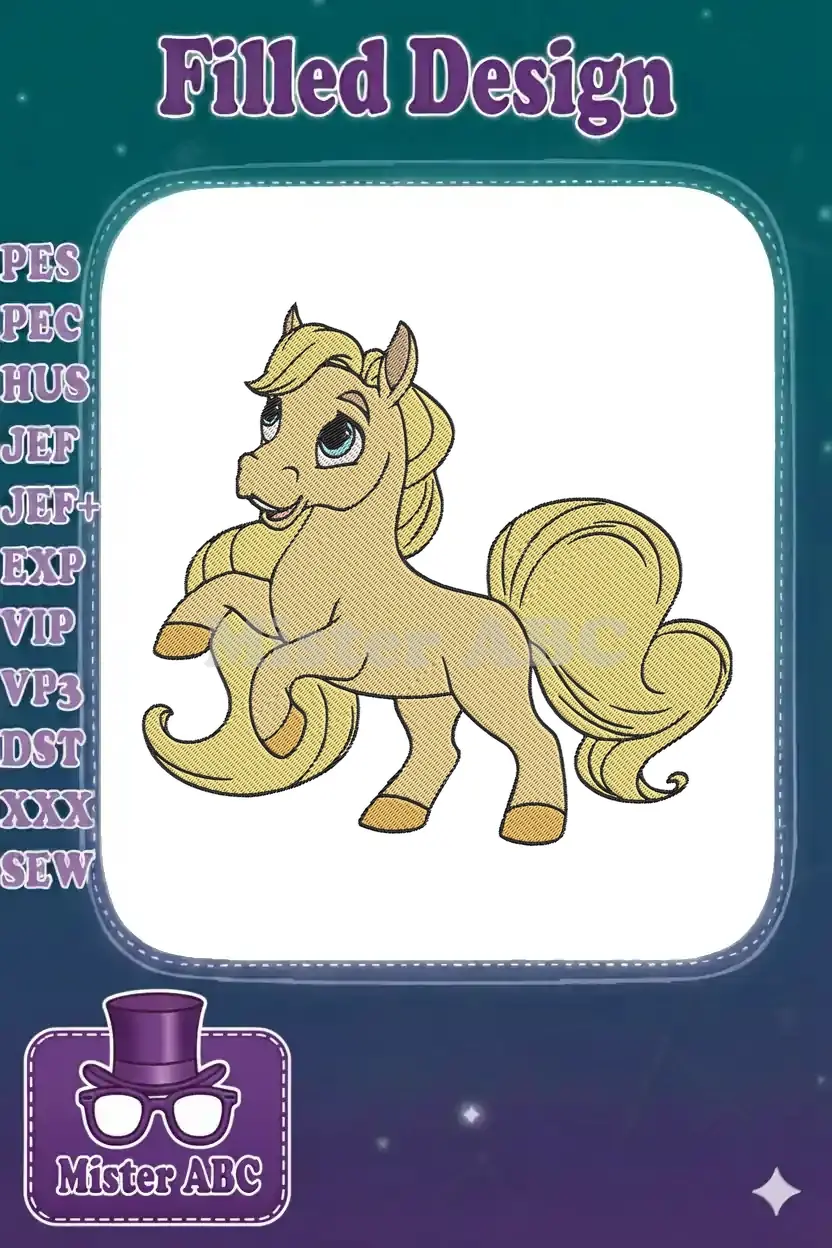 A charming cartoon horse embroidery design with blonde mane, tail, and blue eyes, depicted in a playful stance.