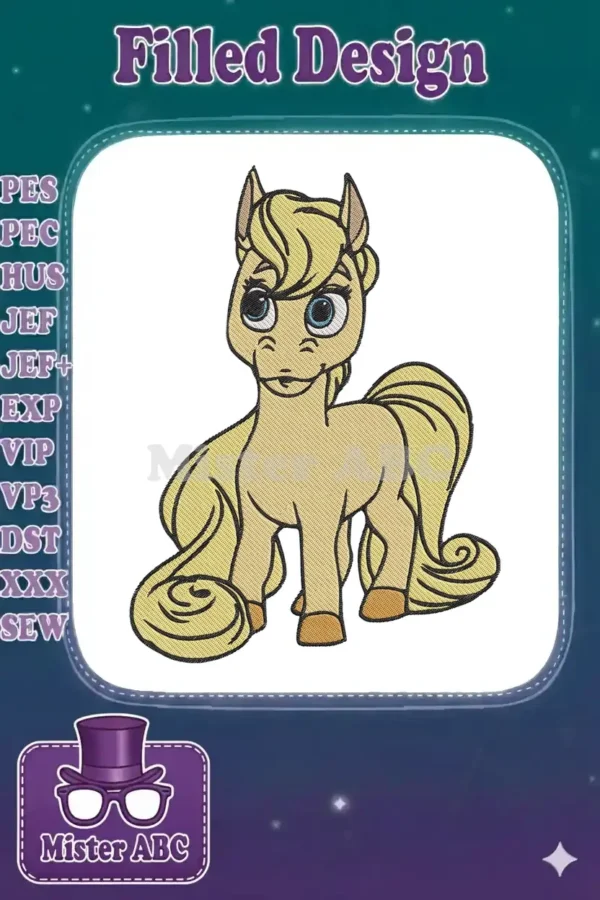 Front view of a charming cartoon pony embroidery design with flowing blonde mane and tail, expressive blue eyes.