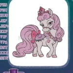 Adorable pink princess pony with crown and bow embroidery designs - Instant Download