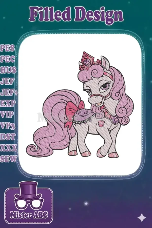 Close-up of a charming pink princess pony embroidery design, showcasing its crown, bow, and intricate stitch work.