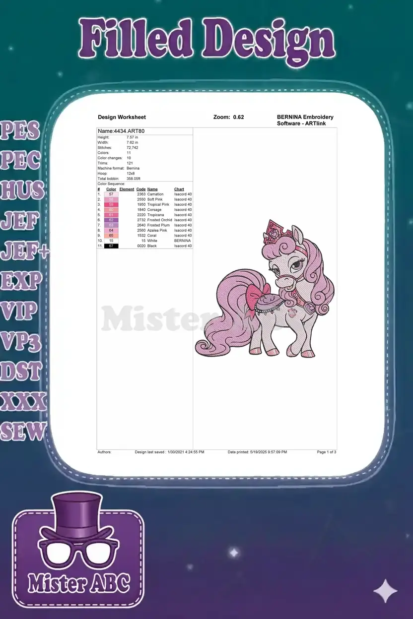Embroidery design worksheet for the princess pony, detailing dimensions, stitch count, colors, and thread types.