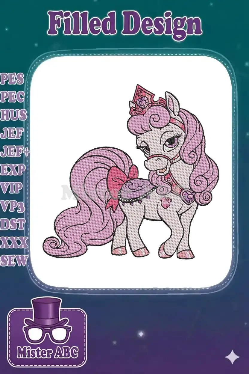 Close-up of a charming pink princess pony embroidery design, showcasing its crown, bow, and intricate stitch work.