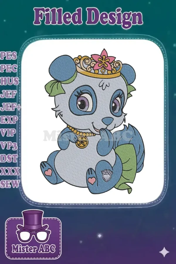 Charming blue panda princess embroidery design with a golden crown, pink flower, and star necklace on white.