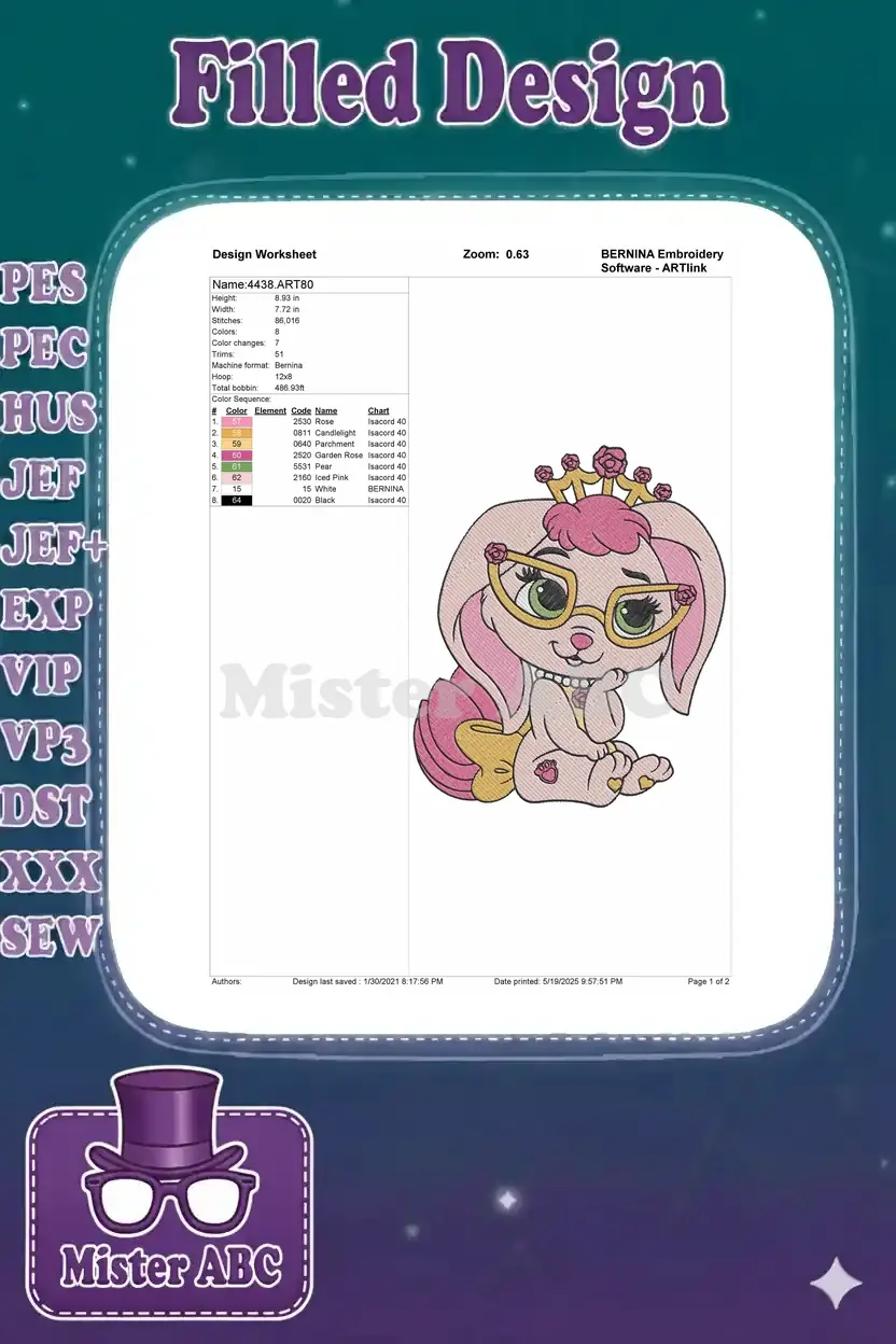Embroidery design worksheet for the bunny princess, showing dimensions, stitch count, colors, and thread info.