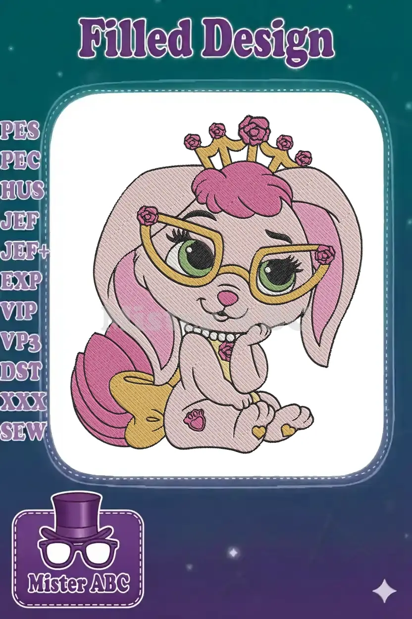 A charming pink bunny princess embroidery design with a golden crown and heart-shaped glasses, looking sweet.