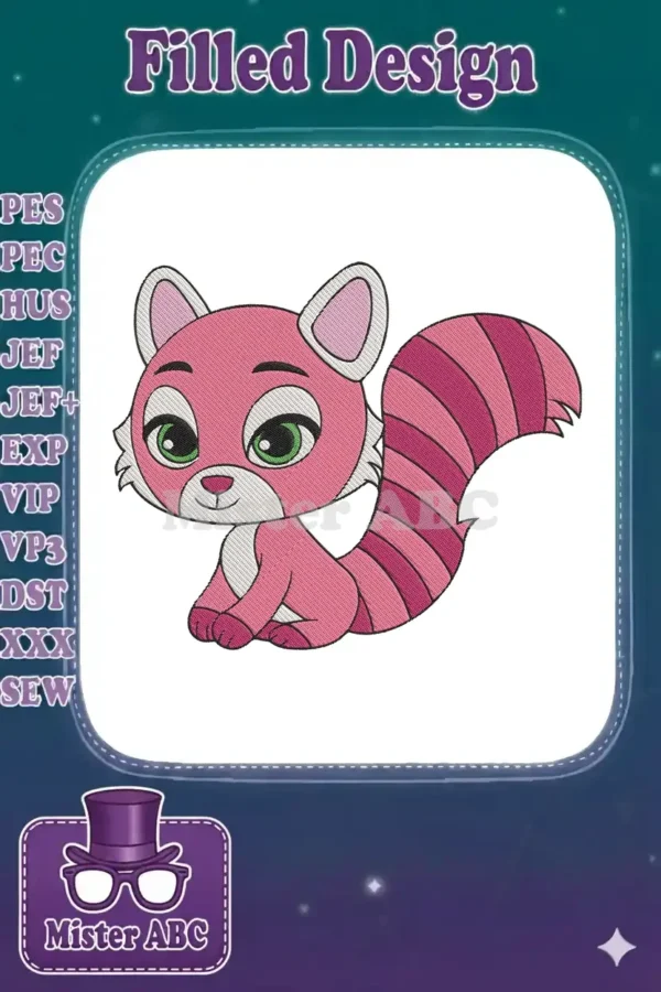 A charming pink cartoon raccoon-like animal embroidery design with bright green eyes and a striped tail, sitting.
