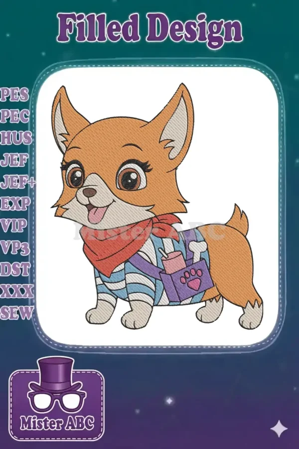 A vibrant embroidery design featuring a cute cartoon chihuahua, with big eyes, a red bandana, and a purple backpack.