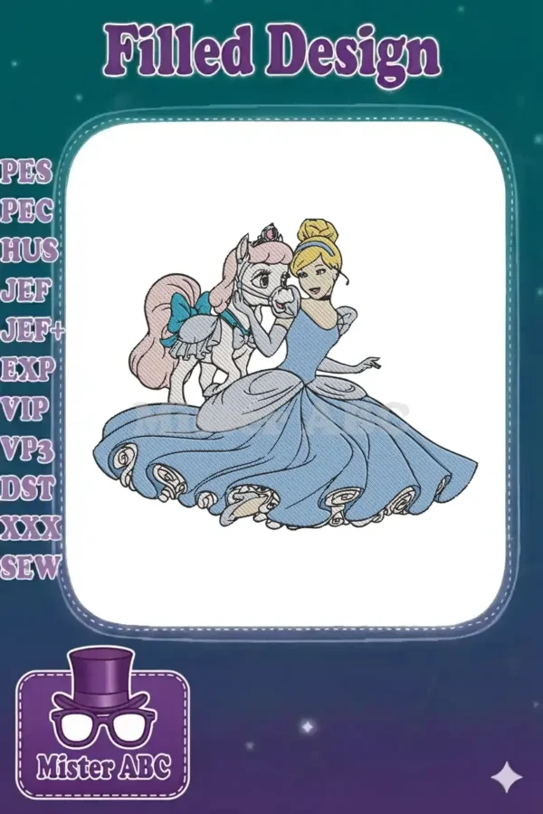 Exquisite embroidery design of Cinderella in her iconic blue ball gown, beside a gentle pink-maned pony. A fairytale scene.