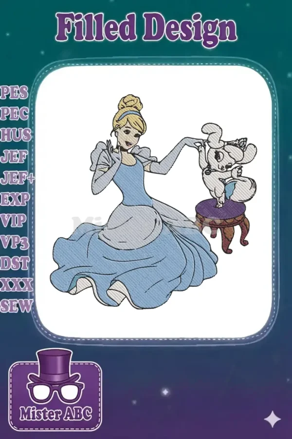 Cinderella in her iconic blue ball gown, sitting elegantly and interacting with her adorable fluffy white pet.