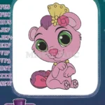 Adorable pink cartoon animal with crown and flower embroidery designs - Instant Download