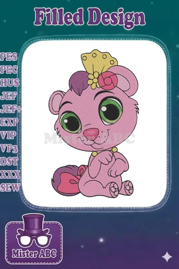 Charming pink cartoon pet embroidery design featuring large green eyes, a cute smile, and a royal crown with a flower.