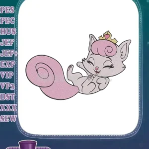 Close-up of a charming pink princess squirrel machine embroidery design, featuring a golden crown and cheerful expression.