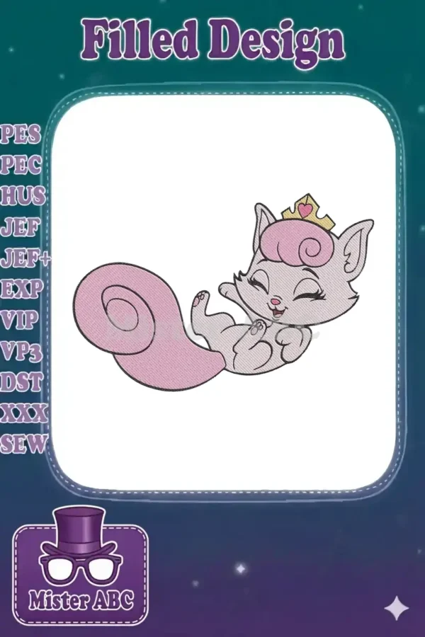 Close-up of a charming pink princess squirrel machine embroidery design, featuring a golden crown and cheerful expression.
