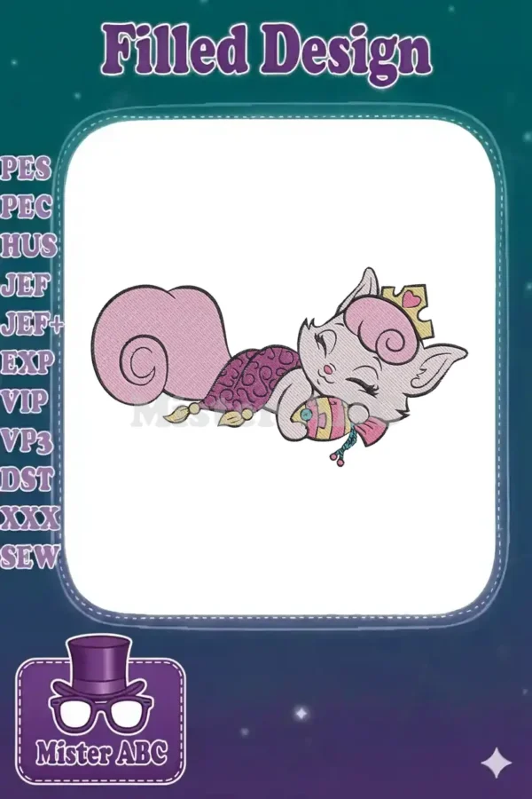 Close-up of a charming pink royal pet embroidery design, sleeping peacefully with a crown and fish toy.