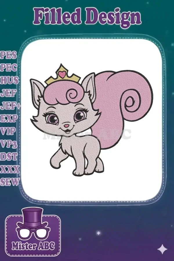 A delightful pink squirrel princess embroidery design, featuring a cute crown and charming, expressive eyes.