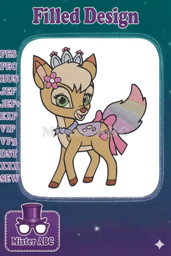 Full-color embroidered fawn princess design, featuring a crown, flower, and rainbow tail, on a white background.