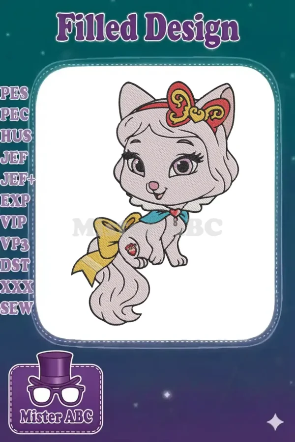 A delightful embroidery design of a pastel pink cat with a red head bow, blue collar, and yellow tail bow, full of charm.