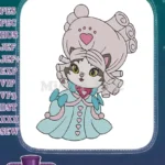 Adorable Princess Kitten with Elegant Gown Cloud Hair Embroidery Designs - Instant Download
