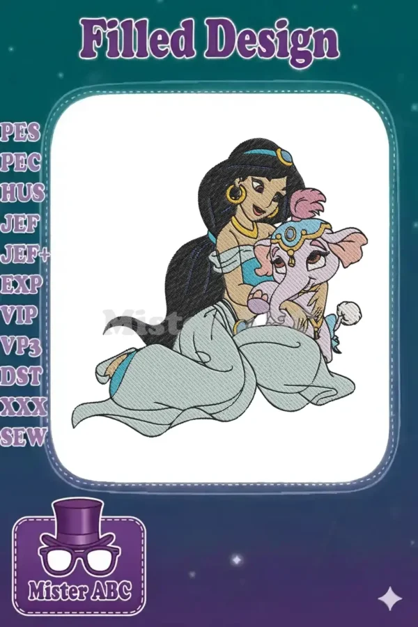 Embroidered Princess Jasmine with long black hair, wearing a teal outfit, gently hugging a small pink elephant.