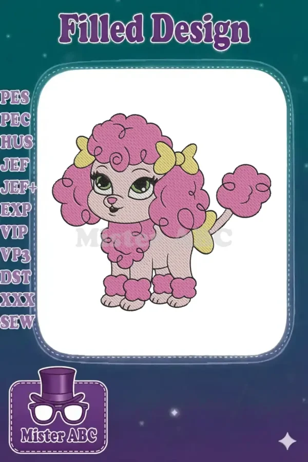 Close-up of a whimsical pink poodle embroidery design with large green eyes and yellow bows, showcasing detailed stitching.